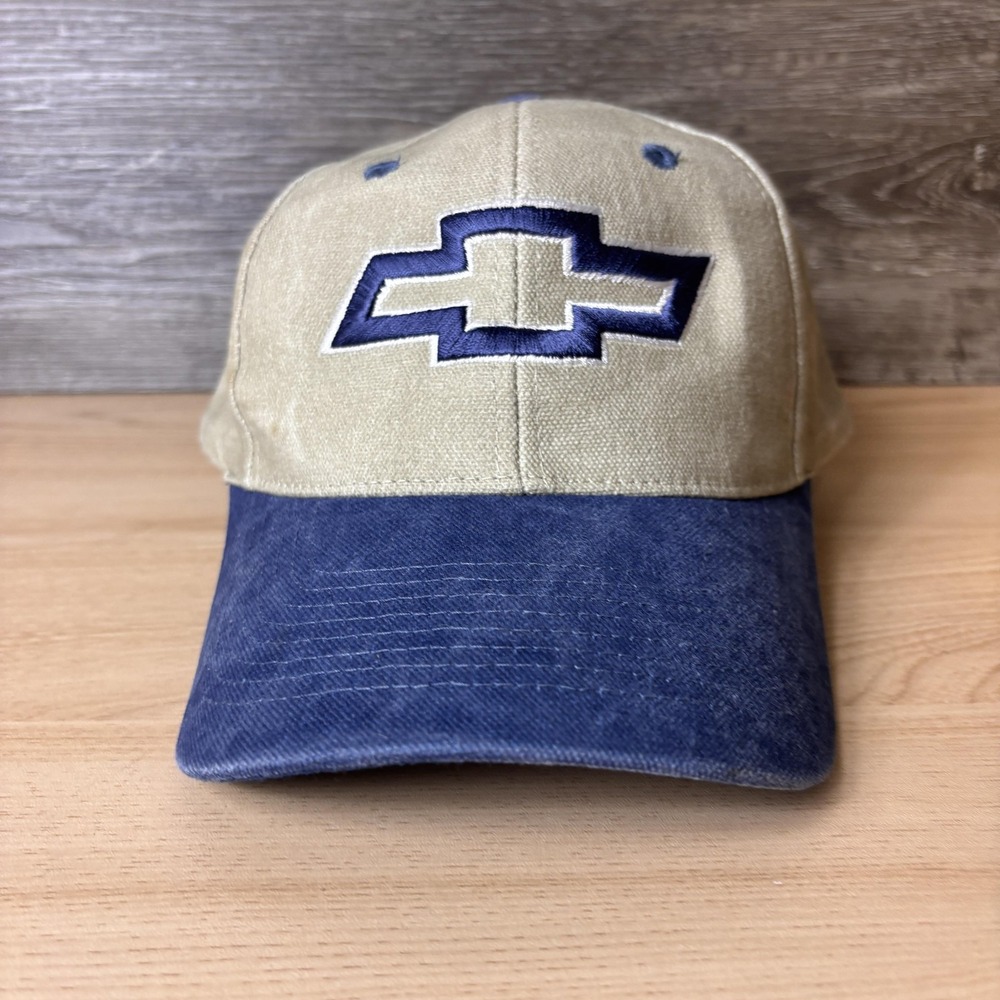 Vintage Chevrolet Hat Cap Strap Back Tan Blue Embroidered Logo Baseball Mens